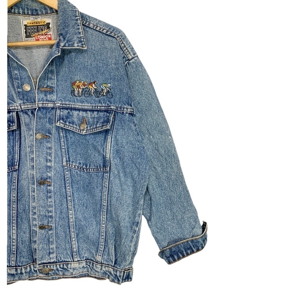 Vintage London Fog Bicycle Embroidered Denim Trucker Jean Jacket Size Large - Picture 4 of 10